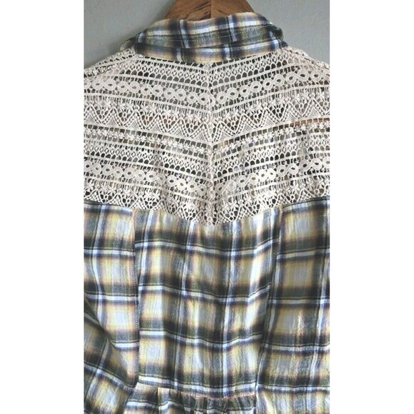 Free People Shirt Women's 2 Tan Plaid Crochet Pearl Snap Pleated Peplum Western - Picture 8 of 10